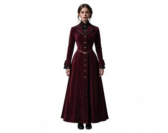 Burgunderrotes viktorianisches Gothic Maxi Mantelkleid - Steampunk Oberbekleidung