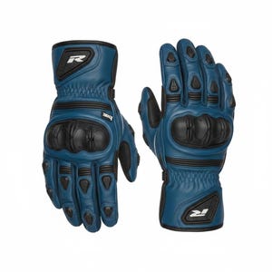 May include: A pair of blue motorcycle gloves with black protective padding on the knuckles and fingers. The gloves have a leather-like texture and feature the letter "R" on the cuff. Designed for protection and style, these gloves are a practical accessory.