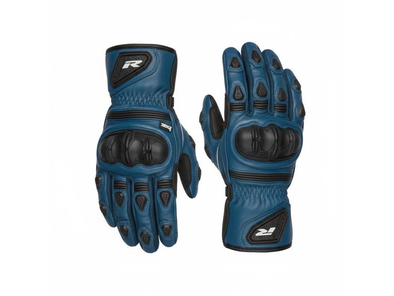 May include: A pair of blue motorcycle gloves with black protective padding on the knuckles and fingers. The gloves have a leather-like texture and feature the letter "R" on the cuff. Designed for protection and style, these gloves are a practical accessory.