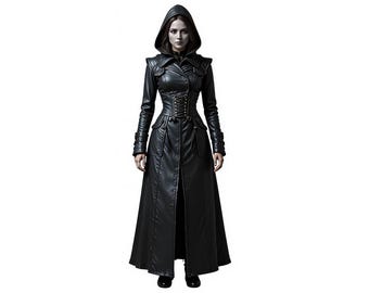 Damen Gothic Leder Trenchcoat | Mit Kapuze Steampunk Korsett Jacke