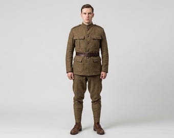 WW1 Military Uniform Costume, Wool Soldier Tunic Set, Vintage Army Outfit, Brown Belted Jacket & Breeches, Reenactment Suit