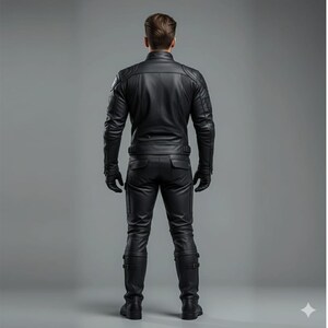May include: A black leather jacket and matching pants set. The jacket has a stand-up collar and quilted shoulder details. The pants have pockets and are paired with knee-high boots. The model is viewed from the back against a gray backdrop.