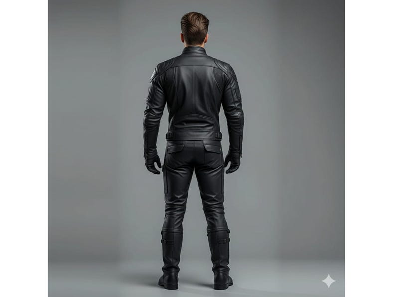 May include: A black leather jacket and matching pants set. The jacket has a stand-up collar and quilted shoulder details. The pants have pockets and are paired with knee-high boots. The model is viewed from the back against a gray backdrop.
