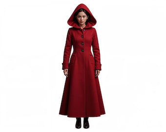 Red Hooded Wool Maxi Coat | Vintage Winter Outerwear