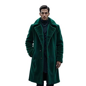 May include: A long, emerald green coat with a wide collar and double-breasted closure. The coat has a plush, textured appearance and is worn over a dark turtleneck and vest. The coat's length extends to the mid-calf.