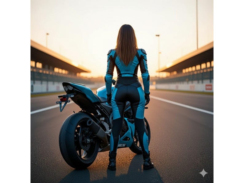 May include: A person in a blue and black racing suit stands before a blue motorcycle on a racetrack. The motorcycle has black tyres and a black exhaust pipe. The sky is a warm orange colour.
