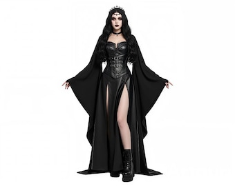 Gotycki czarny gorset dla kobiet | Długa sukienka wampirzycy z rękawami typu peleryna | Strój cosplay w stylu mrocznej fantazji i wiktoriańskiej