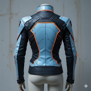 Puede incluir: Chaqueta de estilo futurista en negro, azul claro y naranja. La chaqueta presenta un cuello alto, hombros acolchados y paneles geom&eacute;tricos. La vista trasera muestra el intrincado dise&ntilde;o y los detalles de la prenda.