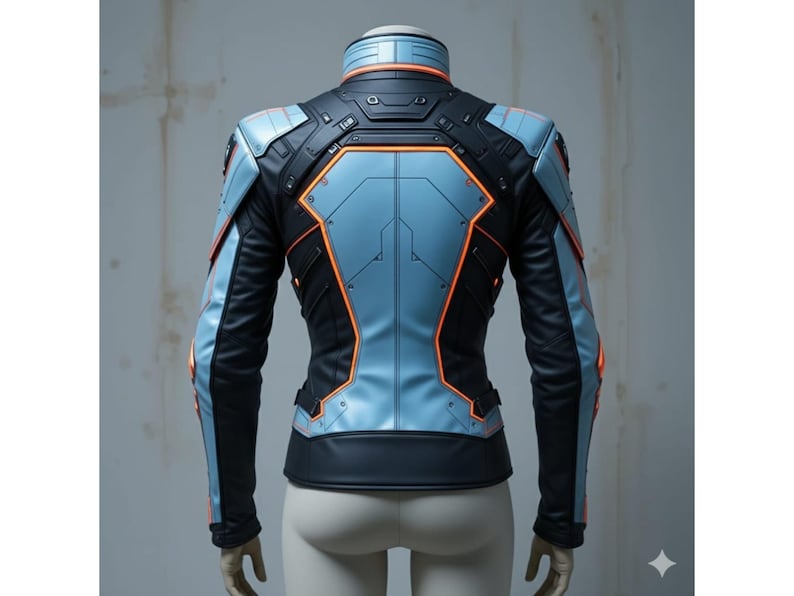 Puede incluir: Chaqueta de estilo futurista en negro, azul claro y naranja. La chaqueta presenta un cuello alto, hombros acolchados y paneles geom&eacute;tricos. La vista trasera muestra el intrincado dise&ntilde;o y los detalles de la prenda.