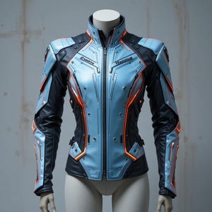 May include: A futuristic-style jacket in light blue and black, with orange accent lighting. The jacket features a high collar, a front zipper, and panels with the text "EARTH" and "HEROUS".