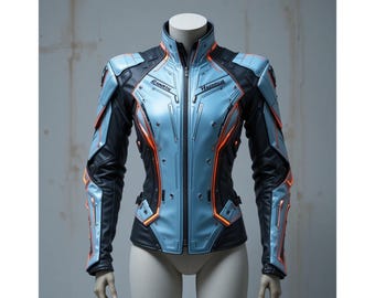 Könnte beinhalten: Eine futuristisch anmutende Jacke in Hellblau und Schwarz mit orangefarbenen Akzenten. Die Jacke hat einen hohen Kragen, einen Frontreißverschluss und Paneele mit den Texten "EARTH" und "HEROUS".