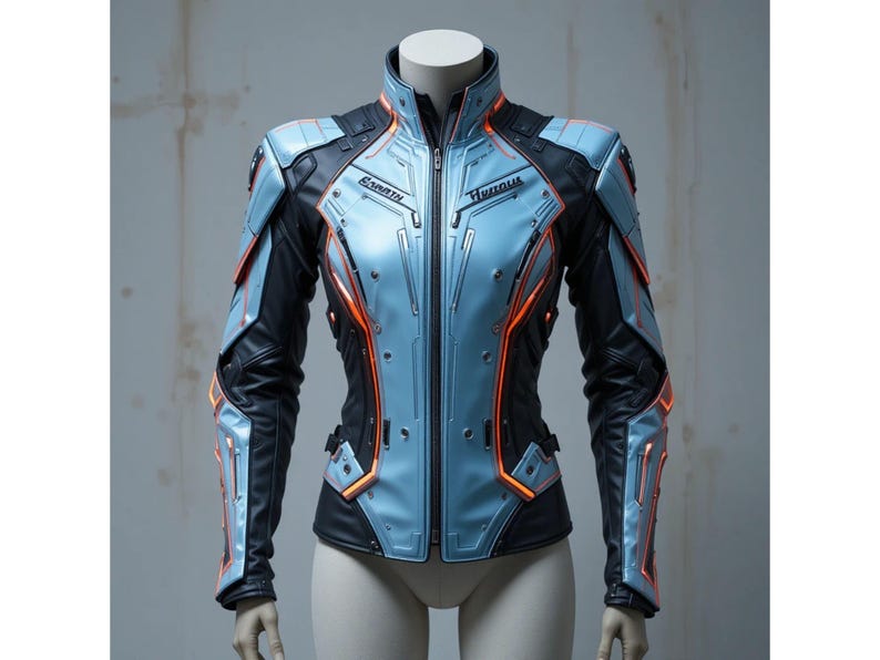Puede incluir: Chaqueta de estilo futurista en azul claro y negro, con detalles en naranja. La chaqueta presenta un cuello alto, una cremallera frontal y paneles con los textos "EARTH" y "HEROUS".