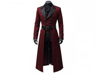 Men’s Gothic Victorian Long Coat – Dark Red Steampunk Trench Coat, Vampire Royal Tailcoat, Medieval Wedding & Cosplay Outfit