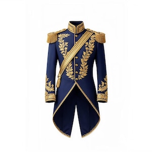 May include: A navy blue formal jacket with gold embroidery and accents. The jacket features a high collar, gold epaulettes, and a gold sash. The sleeves and front are adorned with intricate gold leaf patterns. The jacket has a long, split tail.