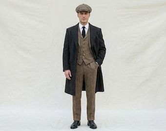 Men’s 1920s Vintage Tweed Suit – Peaky Blinders Style 3 Piece Outfit with Overcoat & Flat Cap