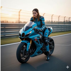 May include: A teal sport motorcycle with black detailing and a black windscreen. The motorcycle is on a racetrack. The rider is wearing a teal racing suit and black boots. The background shows a sunset.