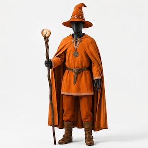 May include: A complete wizard costume in shades of orange, including a hat with crescent moon details, a tunic, pants, a cape, and boots. The costume is accessorized with a belt and a staff with a glowing orb at the top.