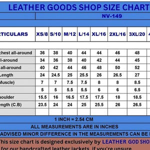 Puede incluir: Tabla de tallas para chaquetas de cuero, con medidas en pulgadas (1 pulgada = 2,54 cm). La tabla incluye medidas de pecho, cintura, bajo, largo de manga, b&iacute;ceps, pu&ntilde;o, hombro y largo de espalda para tallas XS/8 a 5XL/24.
