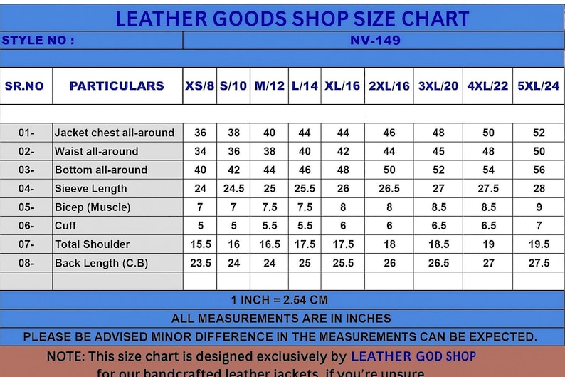 Puede incluir: Tabla de tallas para chaquetas de cuero, con medidas en pulgadas (1 pulgada = 2,54 cm). La tabla incluye medidas de pecho, cintura, bajo, largo de manga, b&iacute;ceps, pu&ntilde;o, hombro y largo de espalda para tallas XS/8 a 5XL/24.
