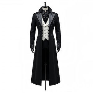 K&ouml;nnte beinhalten: Ein langer schwarzer Mantel mit hohem Kragen, Lederakzenten und einer wei&szlig;en Weste. Der Mantel hat ein doppelreihiges Design mit schwarzen Kn&ouml;pfen und wird auf einer Schaufensterpuppe pr&auml;sentiert. Das Outfit beinhaltet eine schwarze Fliege und Handschuhe.