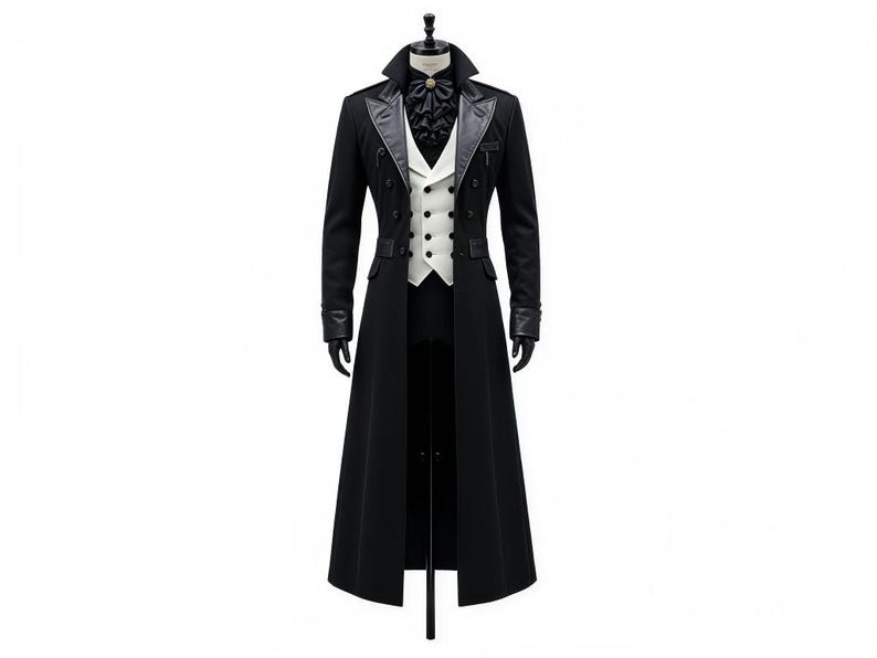 K&ouml;nnte beinhalten: Ein langer schwarzer Mantel mit hohem Kragen, Lederakzenten und einer wei&szlig;en Weste. Der Mantel hat ein doppelreihiges Design mit schwarzen Kn&ouml;pfen und wird auf einer Schaufensterpuppe pr&auml;sentiert. Das Outfit beinhaltet eine schwarze Fliege und Handschuhe.