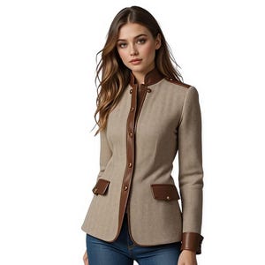 May include: A tan blazer with brown leather accents. The jacket features a stand-up collar, shoulder patches, and pocket flaps. The front closure has gold-colored buttons. The sleeves have brown leather cuffs. The model is wearing blue jeans.