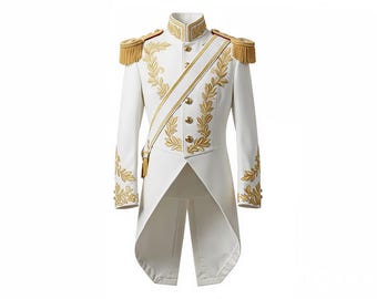 Frac blanco real bordado / Chaqueta de ceremonia con ribete dorado / Uniforme de príncipe / Abrigo formal de lujo / Abrigo de desfile real para hombre