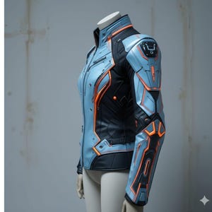 Puede incluir: Chaqueta futurista en azul claro, negro y naranja. Presenta cuello alto, cierre de cremallera y paneles geom&eacute;tricos con detalles en naranja. El dise&ntilde;o sugiere una est&eacute;tica de ciencia ficci&oacute;n o cyberpunk, con un aspecto elegante y moderno.