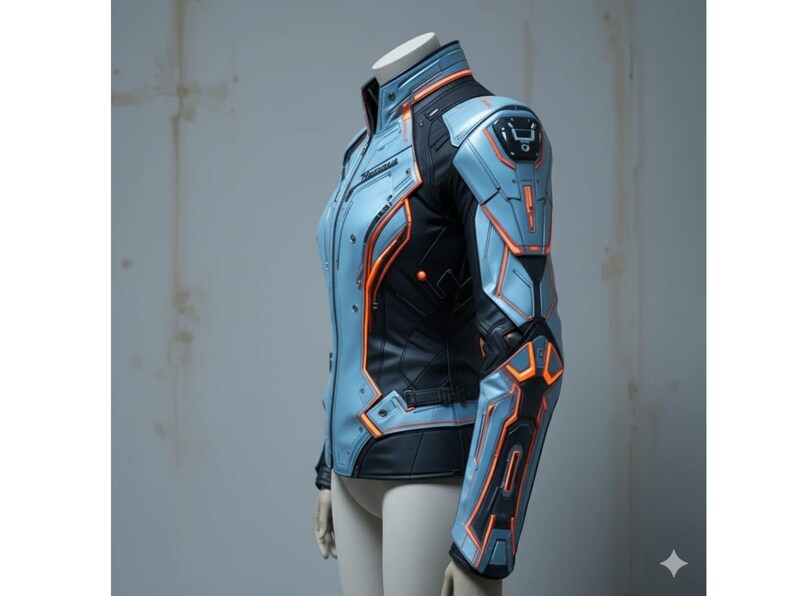 Puede incluir: Chaqueta futurista en azul claro, negro y naranja. Presenta cuello alto, cierre de cremallera y paneles geom&eacute;tricos con detalles en naranja. El dise&ntilde;o sugiere una est&eacute;tica de ciencia ficci&oacute;n o cyberpunk, con un aspecto elegante y moderno.