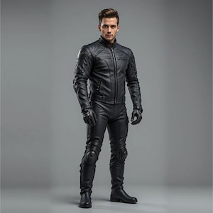 May include: A full-body shot of a person wearing a black leather motorcycle jacket with a stand-up collar, matching pants, gloves, and boots. The jacket has quilted detailing on the shoulders and sleeves. The pants have knee pads.