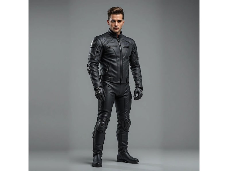 May include: A full-body shot of a person wearing a black leather motorcycle jacket with a stand-up collar, matching pants, gloves, and boots. The jacket has quilted detailing on the shoulders and sleeves. The pants have knee pads.