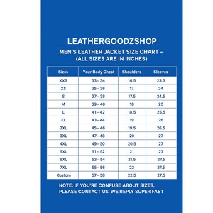 K&ouml;nnte beinhalten: Blaue Grafik mit dem Text "LEATHERGOODZSHOP" und einer Gr&ouml;&szlig;entabelle f&uuml;r Lederjacken. Die Tabelle listet Gr&ouml;&szlig;en von XXS bis 7XL auf, mit Brust-, Schulter- und &Auml;rmelma&szlig;en in Zoll. Ein Hinweis unten fordert Kunden auf, den Verk&auml;ufer zu kontaktieren.