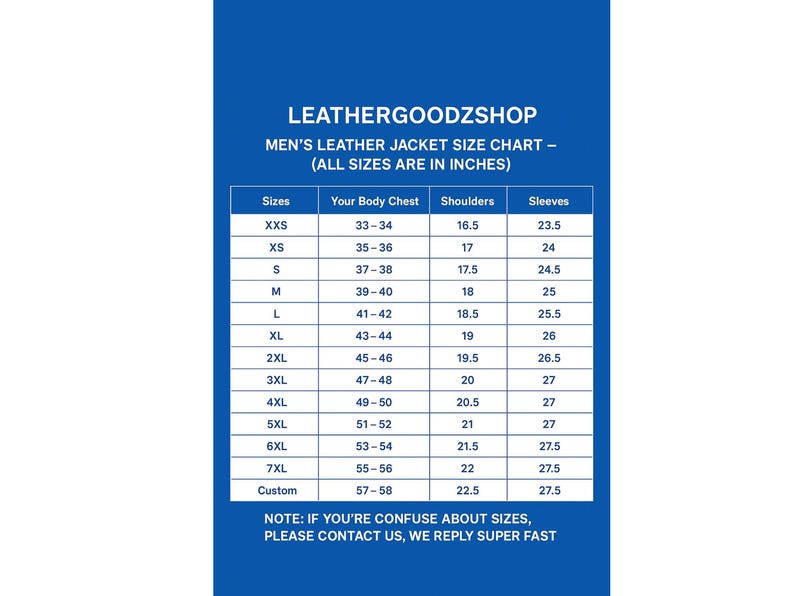 K&ouml;nnte beinhalten: Blaue Grafik mit dem Text "LEATHERGOODZSHOP" und einer Gr&ouml;&szlig;entabelle f&uuml;r Lederjacken. Die Tabelle listet Gr&ouml;&szlig;en von XXS bis 7XL auf, mit Brust-, Schulter- und &Auml;rmelma&szlig;en in Zoll. Ein Hinweis unten fordert Kunden auf, den Verk&auml;ufer zu kontaktieren.