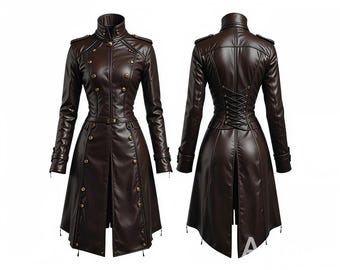 Militär-Trenchcoat für Damen aus echtem Leder - lange braune Vintage Steampunk-Jacke - zweireihiger Mantel mit hohem Kragen