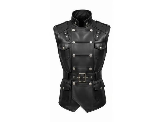 Black Gothic Leather Vest | Military Biker Waistcoat | Steampunk Gothic Leather Armor Vest