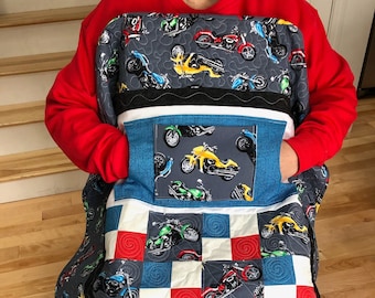 Motorcycle Lovie Lap Quilt with Pockets (sized for a man)