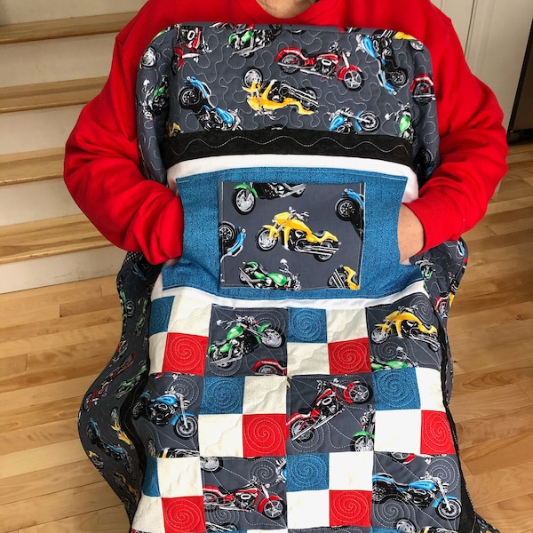 Motorcycle Lovie Lap Quilt with Pockets (sized for a man)