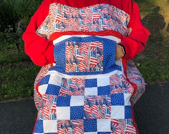 American Flag Lovie Lap Quilt with Pockets for Men