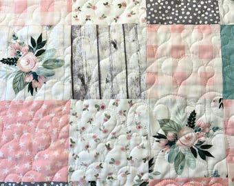BOHO Baby Quilt in Pink, White, Grey and Green