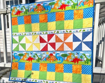 Colorful Dinosaur Baby Quilt, Handmade