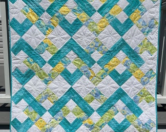 Teal and Floral Baby Quilt, Unisex Baby Quilt, Handmade