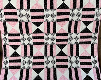 Hobson's Kiss Handmade Baby Quilt in Pink, White and Black