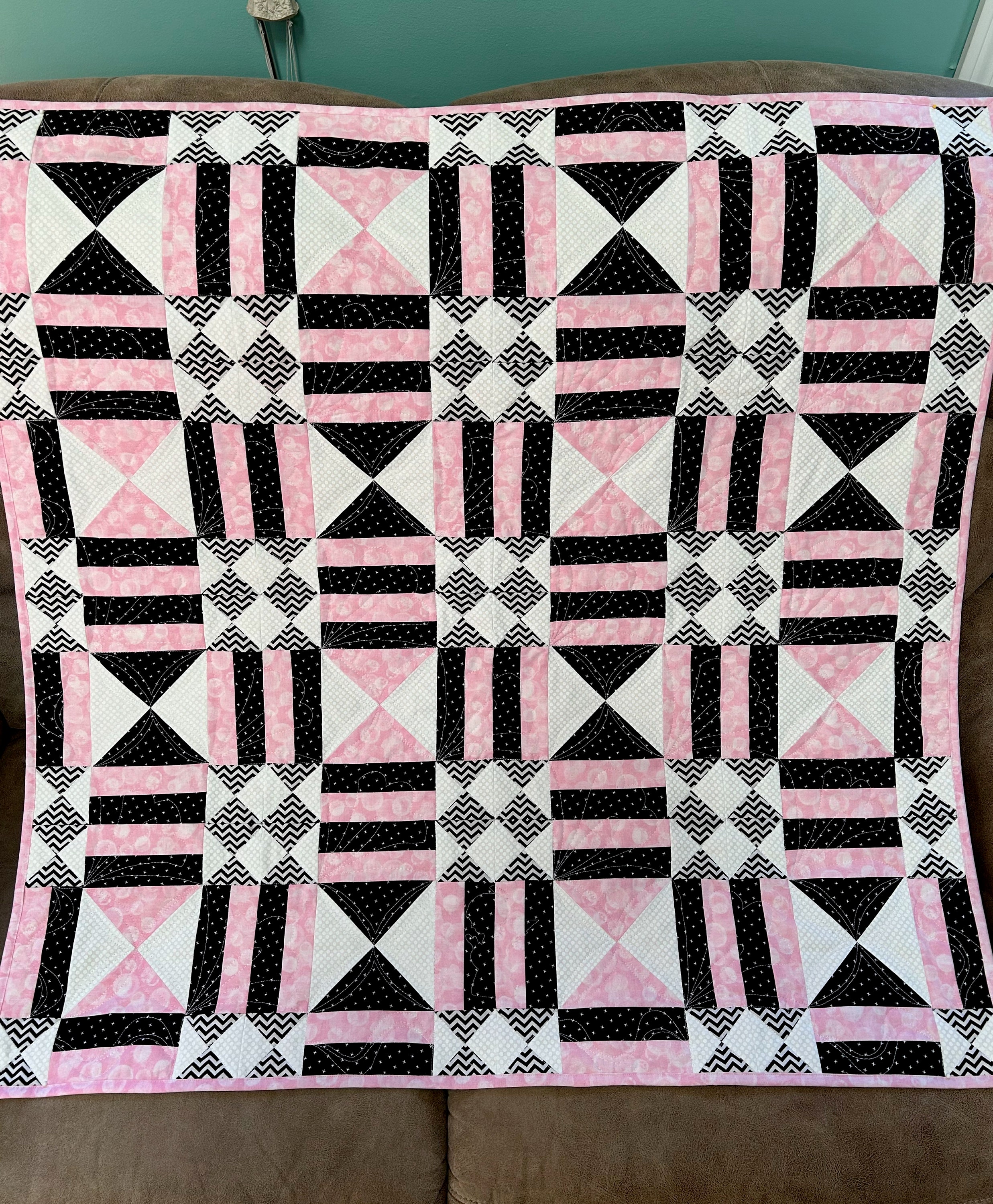 Hobson's Kiss Handmade Baby Quilt in Pink, White and Black