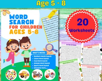 Sopa de letras imprimible / Niños de 5 a 8 años / 20 temas / Páginas con diseño colorido y atractivo / Ideal para actividades en el aula y en familia