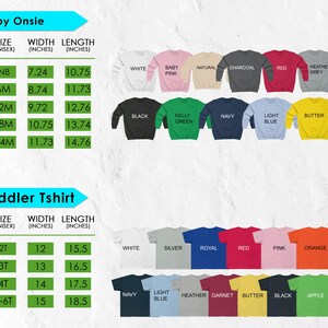 The image is a collage of various sizes and colors of baby and toddler shirts, along with their corresponding measurements.