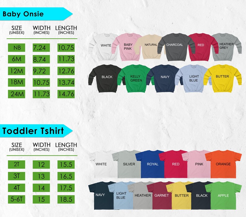 The image is a collage of various sizes and colors of baby and toddler shirts, along with their corresponding measurements.