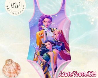 KPOP Demon Hunters Swimsuit for Girls, Cute Anime Style One Piece Kids Swimwear, Kpop Cartoon Bathing Suit, Summer Beach Outfit