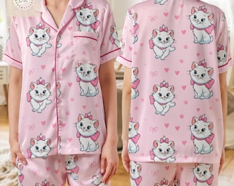 Disney Marie Pajama Set, Aristocats Cat Sleepwear, Cute Kitten Pink PJ Set, Women Short Sleeve Pajamas, Kawaii Loungewear Gift