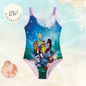 Disney Tinker Bell Fairy Friends Swimsuit for Girls, Pixie Hollow Kids One Piece Swimwear, Cute Cartoon Summer Beach Bathing Suit