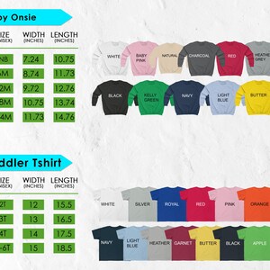 The image is a collage of various sizes and colors of baby and toddler shirts, along with their corresponding measurements.